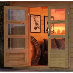 Abri De Jardin En Bois Massif 10,60m² Bastrup 7 Avec Appentis 200cm Et Paroi Arrière – Karibu -Jardin Soldes abri de jardin en bois massif 1060m bastrup 7 avec appentis 200cm et paroi arriere woodfeeling 4