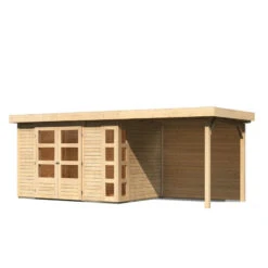 Abri De Jardin En Bois Massif 6,55m² Kerko 4 Avec Appentis 240cm Et Paroi Arrière – Karibu -Jardin Soldes abri de jardin en bois massif 655m kerko 4 avec appentis 240cm et paroi arriere woodfeeling 2