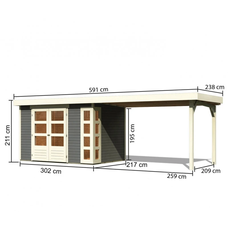 Abri De Jardin En Bois Massif Gris Terre 6,55m² Kerko 4 Avec Appentis 280cm – Karibu 5 Abri De Jardin En Bois Massif Gris Terre 6,55m² Kerko 4 Avec Appentis 280cm – Karibu – Image 3