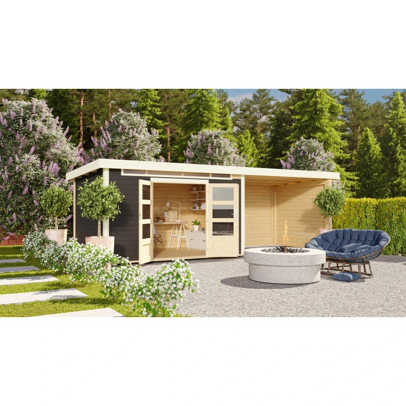 Abri De Jardin En Bois Massif Gris Terre 8,88m² Kandern 7 Avec Appentis 320cm Et Paroi Arrière – Karibu 4 Abri De Jardin En Bois Massif Gris Terre 8,88m² Kandern 7 Avec Appentis 320cm Et Paroi Arrière – Karibu – Image 2