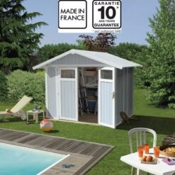 Abri De Jardin En PVC 4,9m² UTILITY Blanc Et Gris Bleu Grosfillex + Kit Ancrage Offert