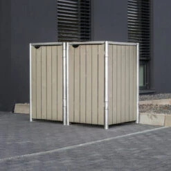 Cache-poubelle 2 Compartiments Müllbox En Bois Traité Gris 2x140L – HIDE -Jardin Soldes cache poubelle 2 compartiments mullbox en bois traite gris 2x140l hide 2