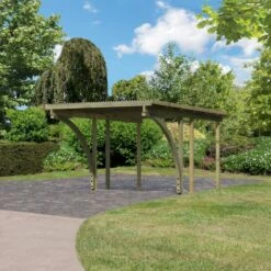 Carport Simple En Bois Autoclave Avec Toit PVC Et 2 Arcs D'entrée 14,9m² - 304x490cm - Karibu -Jardin Soldes carport simple en bois autoclave avec toit pvc et 2 arcs d entree 149m 304x490cm karibu 1