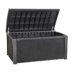 Keter Coffre En Résine Imitation Rotin Tressé Et Bois 400L Anthracite RIO -Jardin Soldes coffre en resine imitation rotin tresse et bois 400l anthracite rio 3