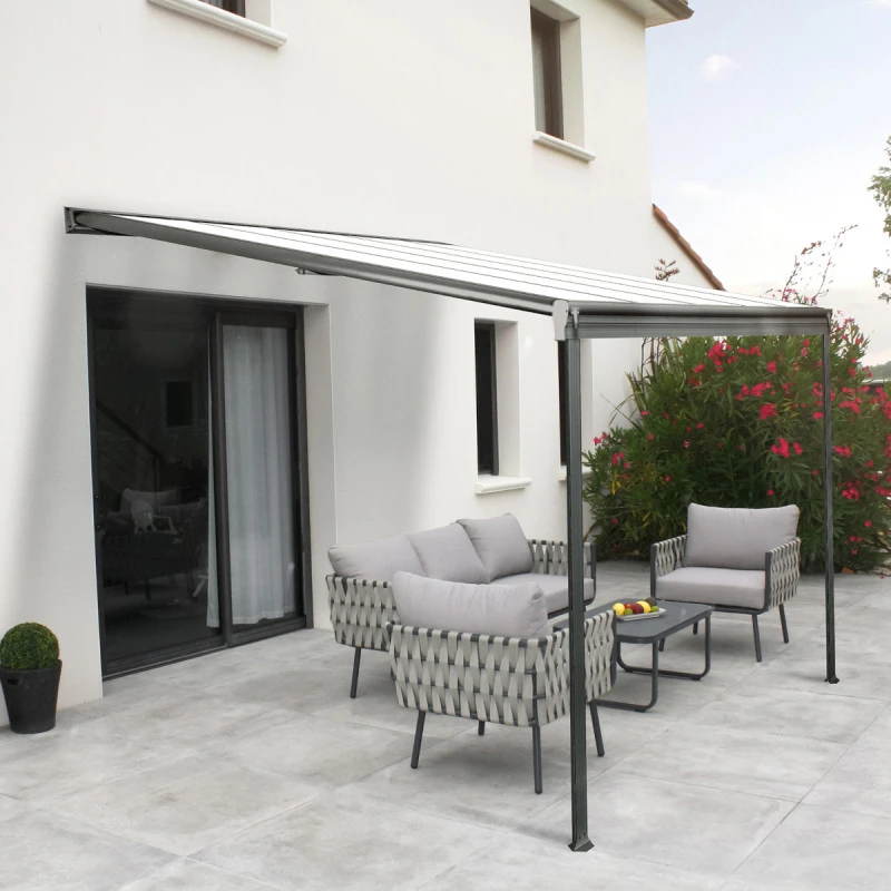 Jardin Soldes -Jardin Soldes pergola adossee 300x300cm en aluminium noir et polycarbonate 4mm cielo dcb garden