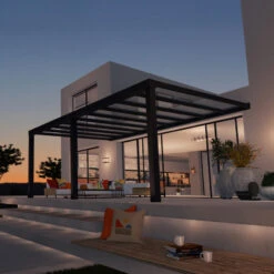 Pergola Adossée Stockholm 350x590cm Aluminium Gris Et Polycarbonate Avec Stores De Toit Rétractables – Palram - Canopia