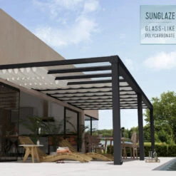 Pergola Adossée Stockholm 350x810cm Aluminium Gris Et Polycarbonate Avec Stores De Toit Rétractables – Palram - Canopia -Jardin Soldes pergola adossee stockholm 350x810cm aluminium gris et polycarbonate avec stores de toit retractables palram 3