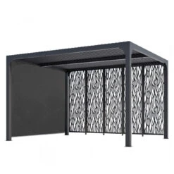 Pergola Bioclimatique Alu Anthracite 10,80m² Toit Avec Lames Ovales Alu + 5 Panneaux Moucharabieh + 1 Rideau Gris – HABRITA -Jardin Soldes pergola bioclimatique alu anthracite 1080m toit avec lames ovales alu 5 panneaux moucharabieh 1 rideau gris habrita 2